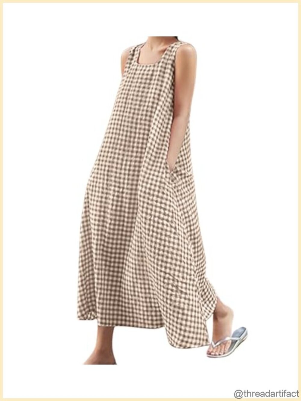 Women's 100% Cotton Plaid Tank Maxi Dress Boho Beach Sundress with Pockets
